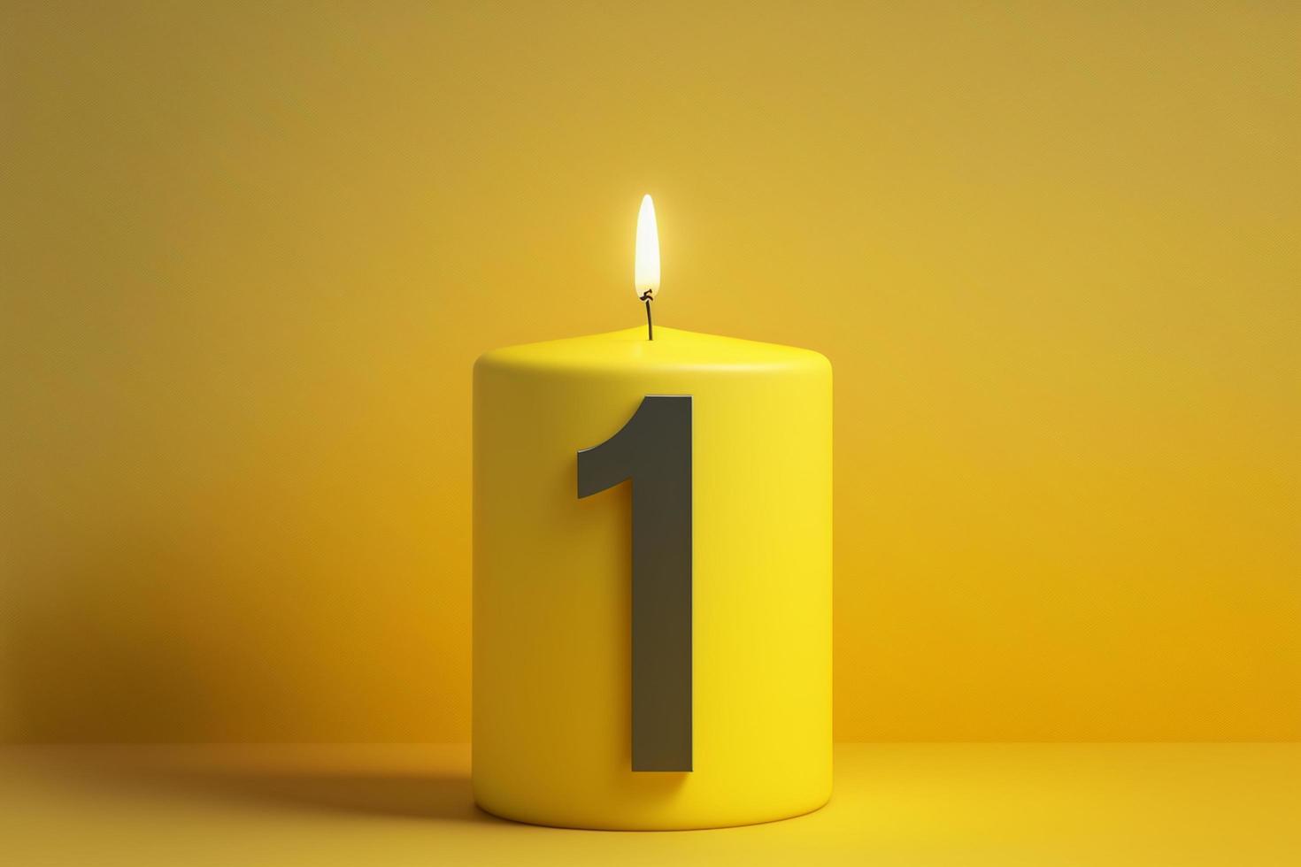 Number 1 birthday celebration candle in bright yellow background, empty Blank Space photo