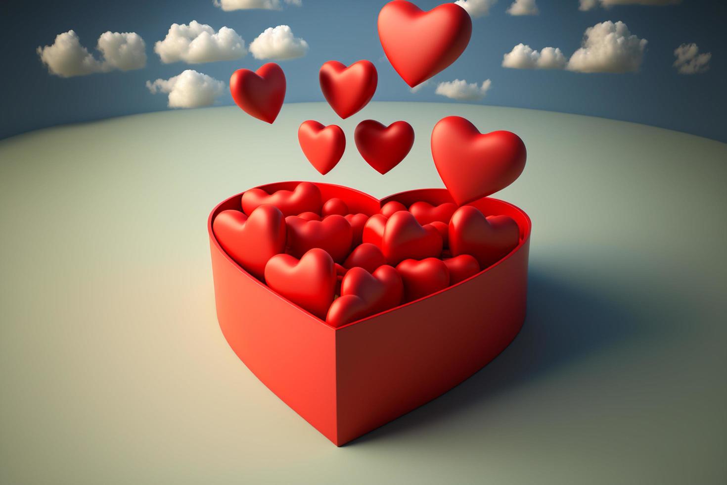 3d corazones rojos saliendo de una caja en forma de corazón sobre fondo nublado foto