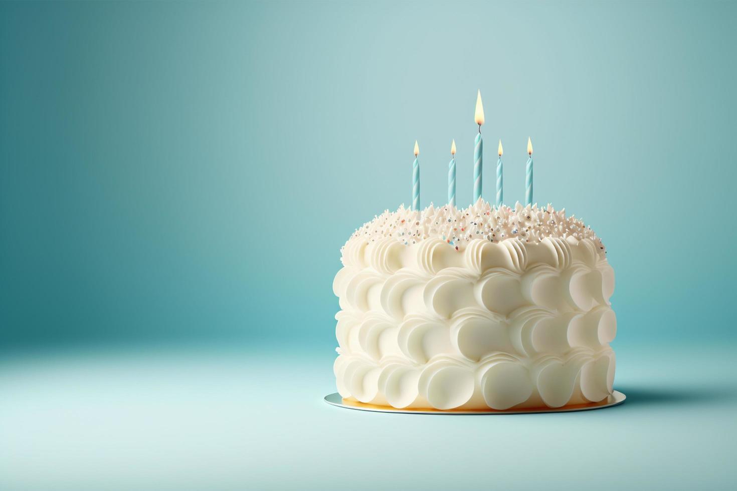 White birthday cake with candles over blue background, blank empty space photo