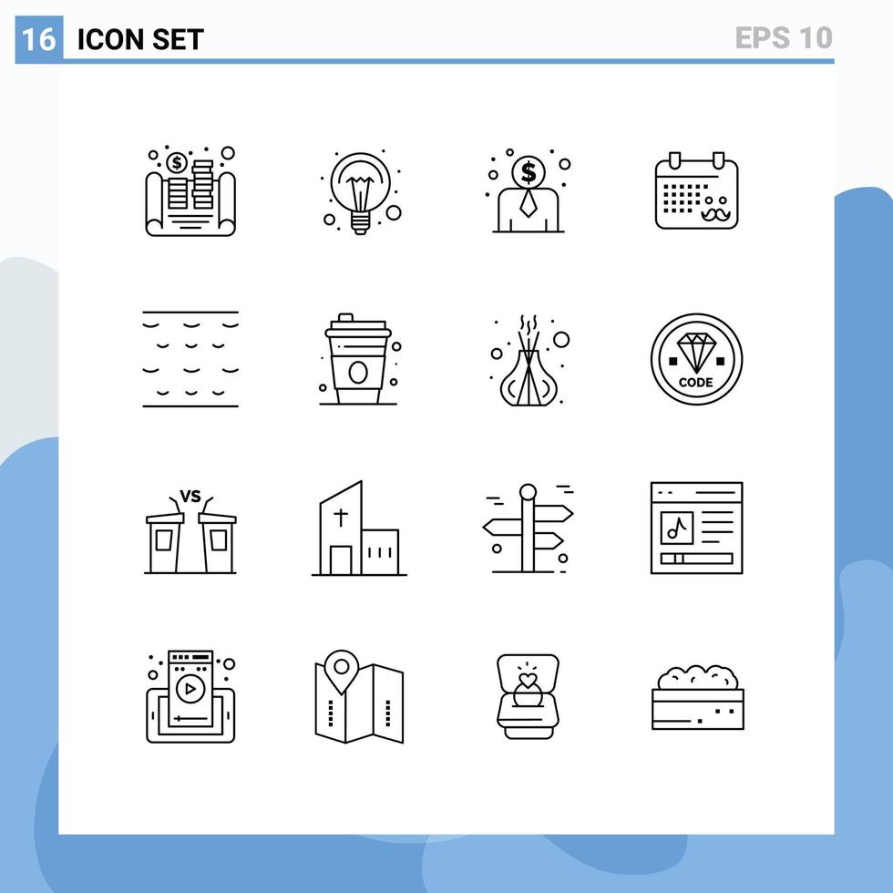 Modern Set of 16 Outlines Pictograph of waves sea light bulb fathers day dad Editable Vector Design Elements