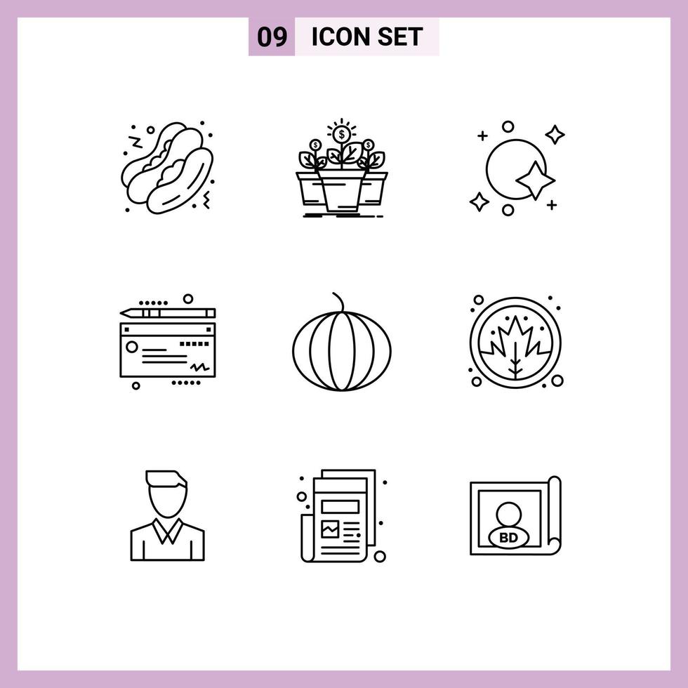 Mobile Interface Outline Set of 9 Pictograms of vegetable payment astronomy cheaque spaceship Editable Vector Design Elements