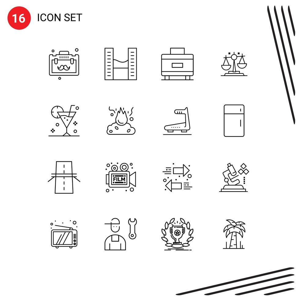 Editable Vector Line Pack of 16 Simple Outlines of cocktail beach holiday finance law Editable Vector Design Elements
