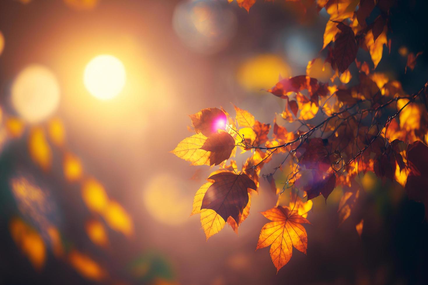 Autumn leaves on the sun and blurred trees . Fall background photo