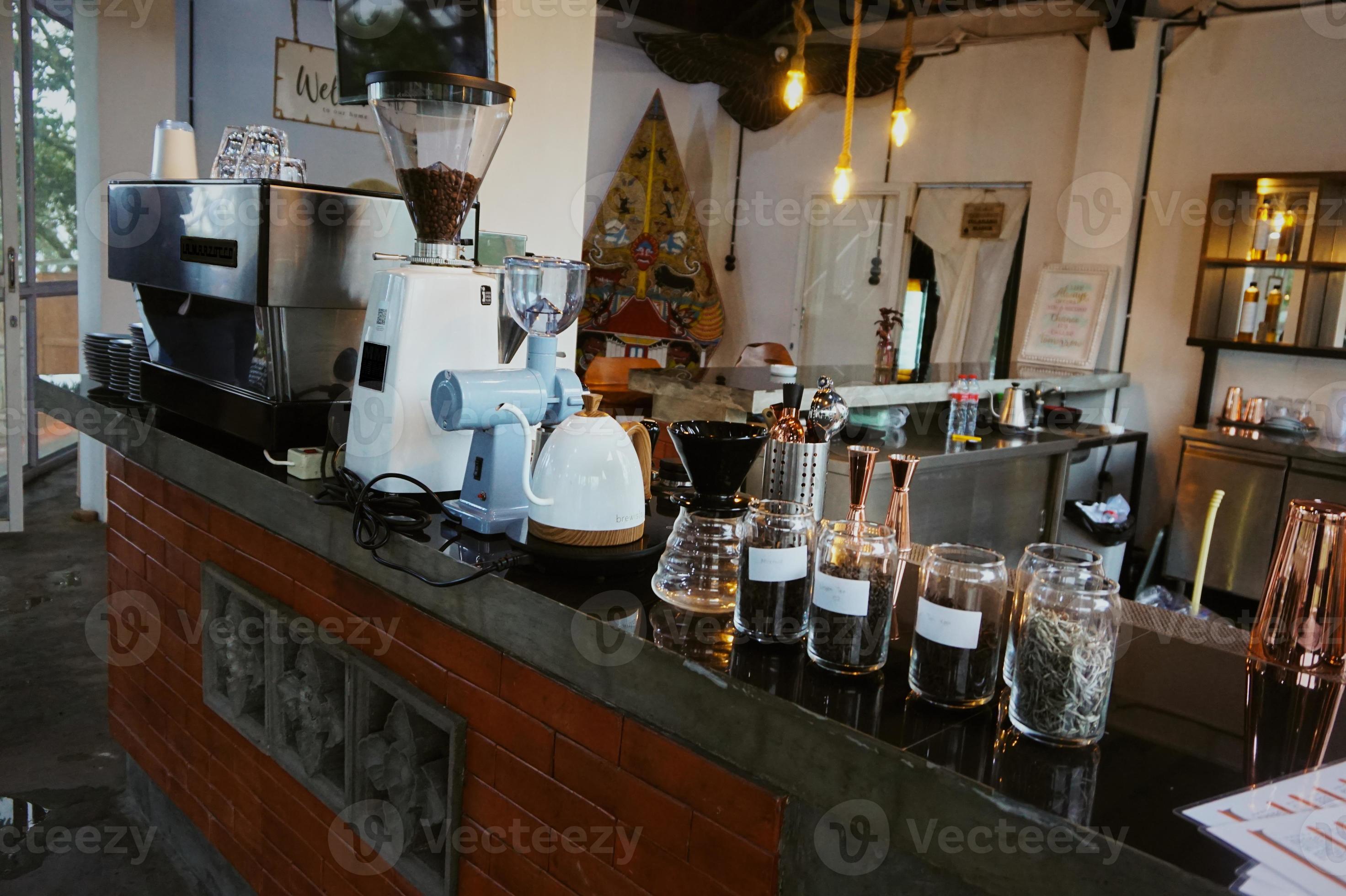 Coffee shop bar setup. Coffee machine, grinder, other coffee maker