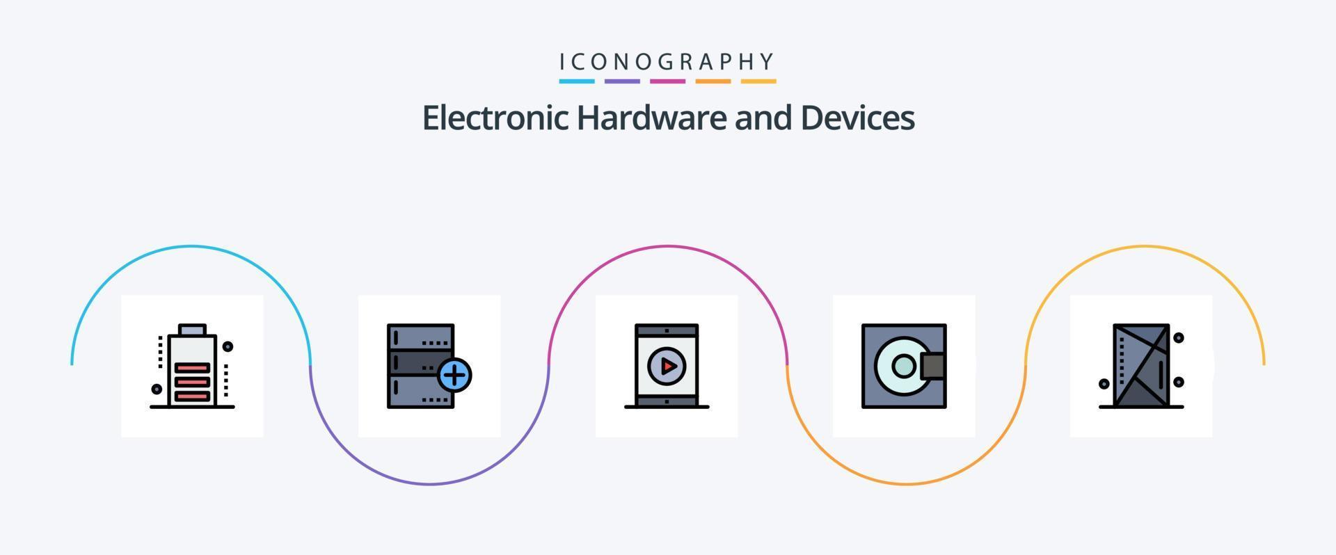 Devices Line Filled Flat 5 Icon Pack Including technology. minidisc. cinema. electronics. phone vector
