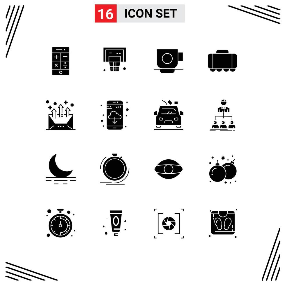 Set of 16 Commercial Solid Glyphs pack for communication address business vehicle railroad Editable Vector Design Elements