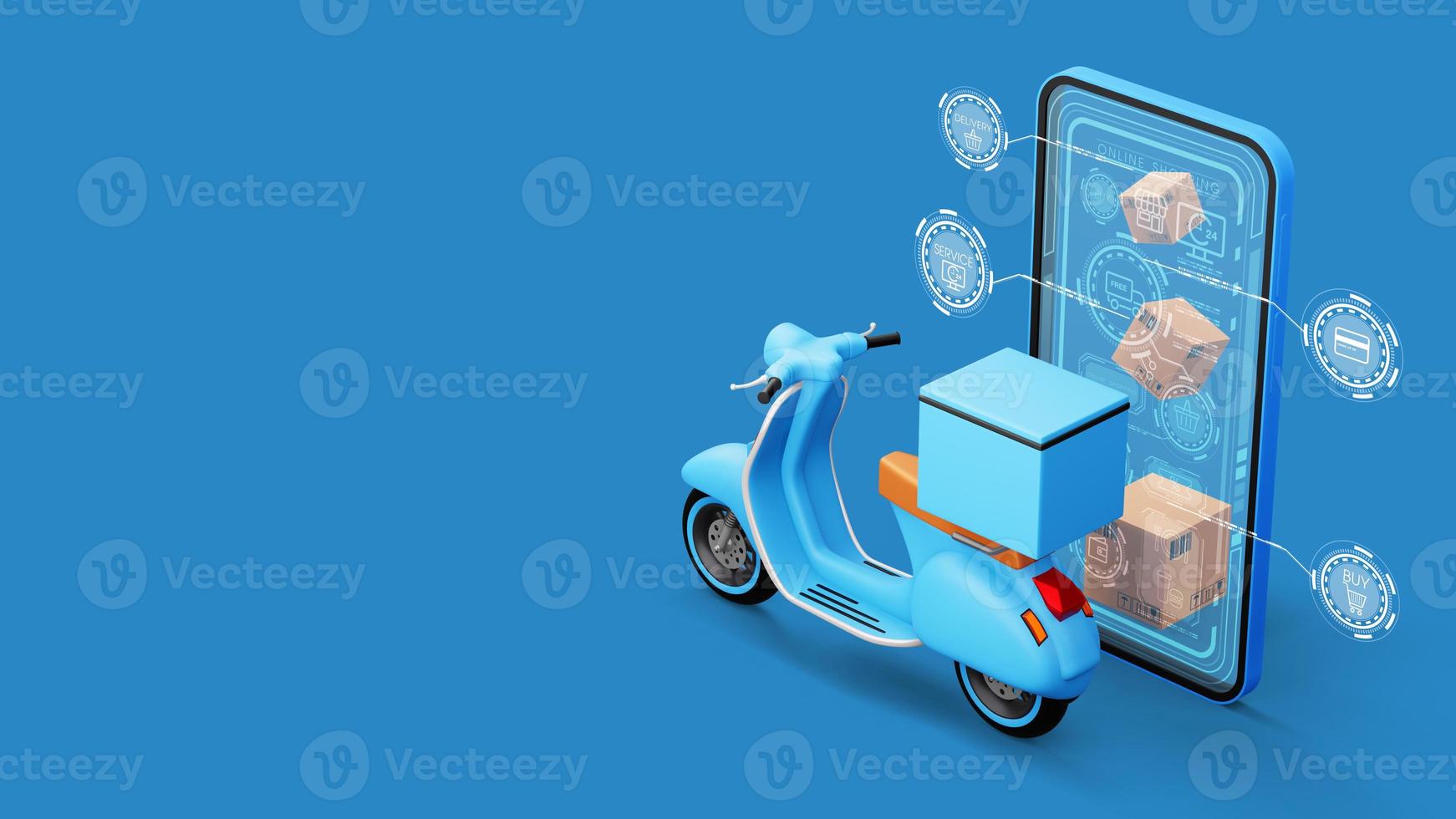 Delivery Courier service, online shopping, motorcycle with parcel box, 3d rendering photo