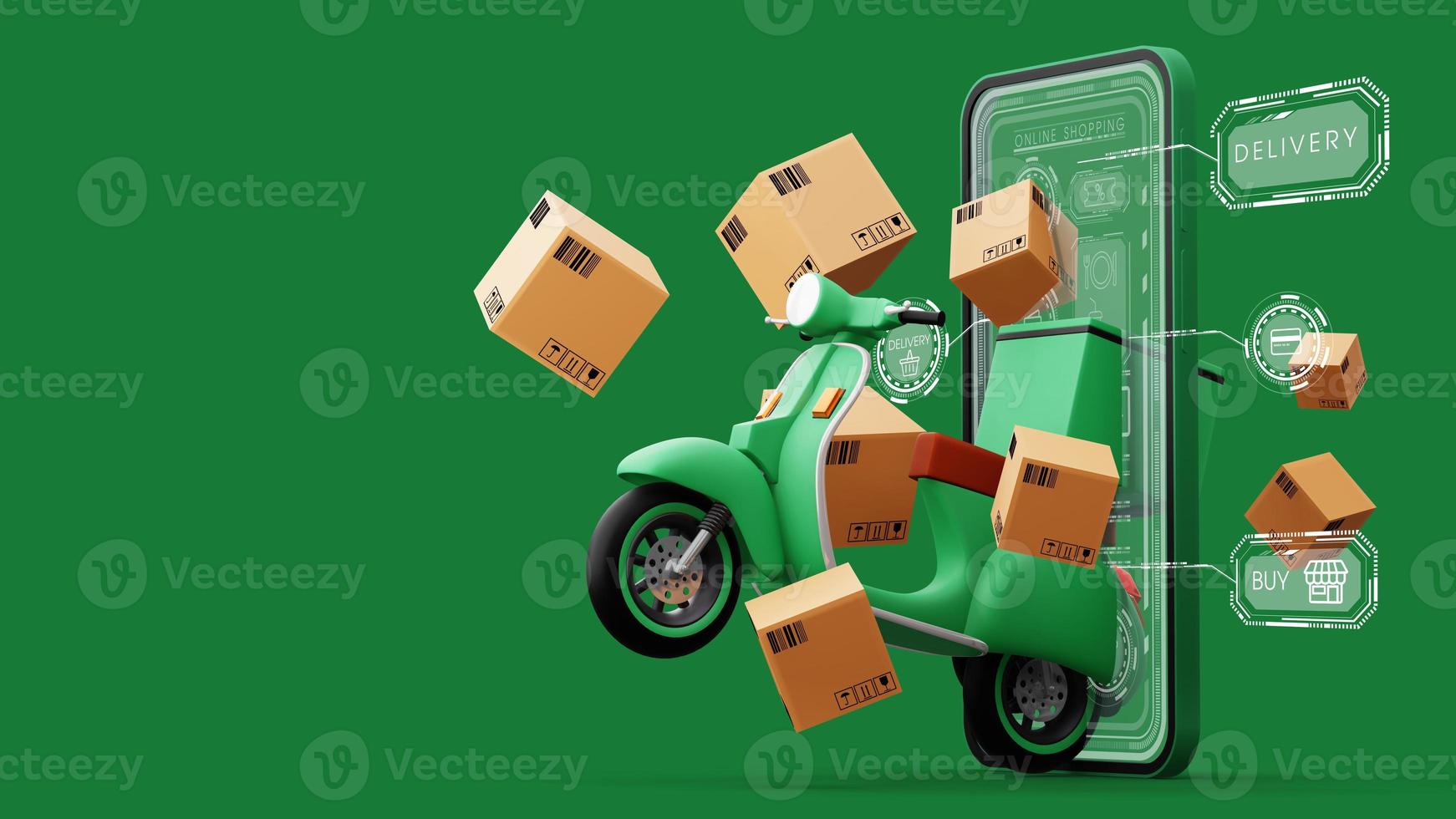 Delivery Courier service, online shopping, motorcycle with parcel box, 3d rendering photo