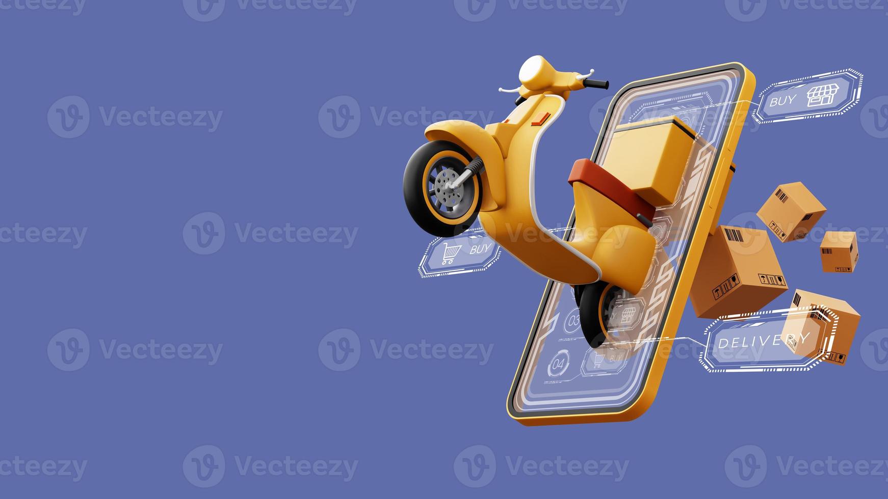 Delivery Courier service, online shopping, motorcycle with parcel box, 3d rendering photo