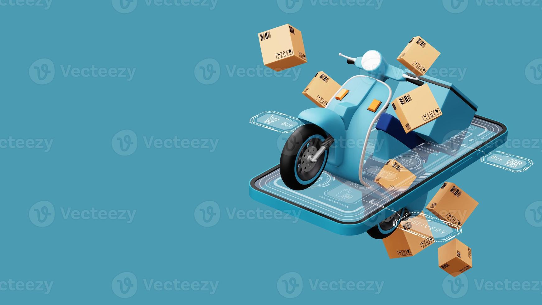 servicio de mensajería de entrega, compras en línea, motocicleta con caja de paquetes, renderizado 3d foto