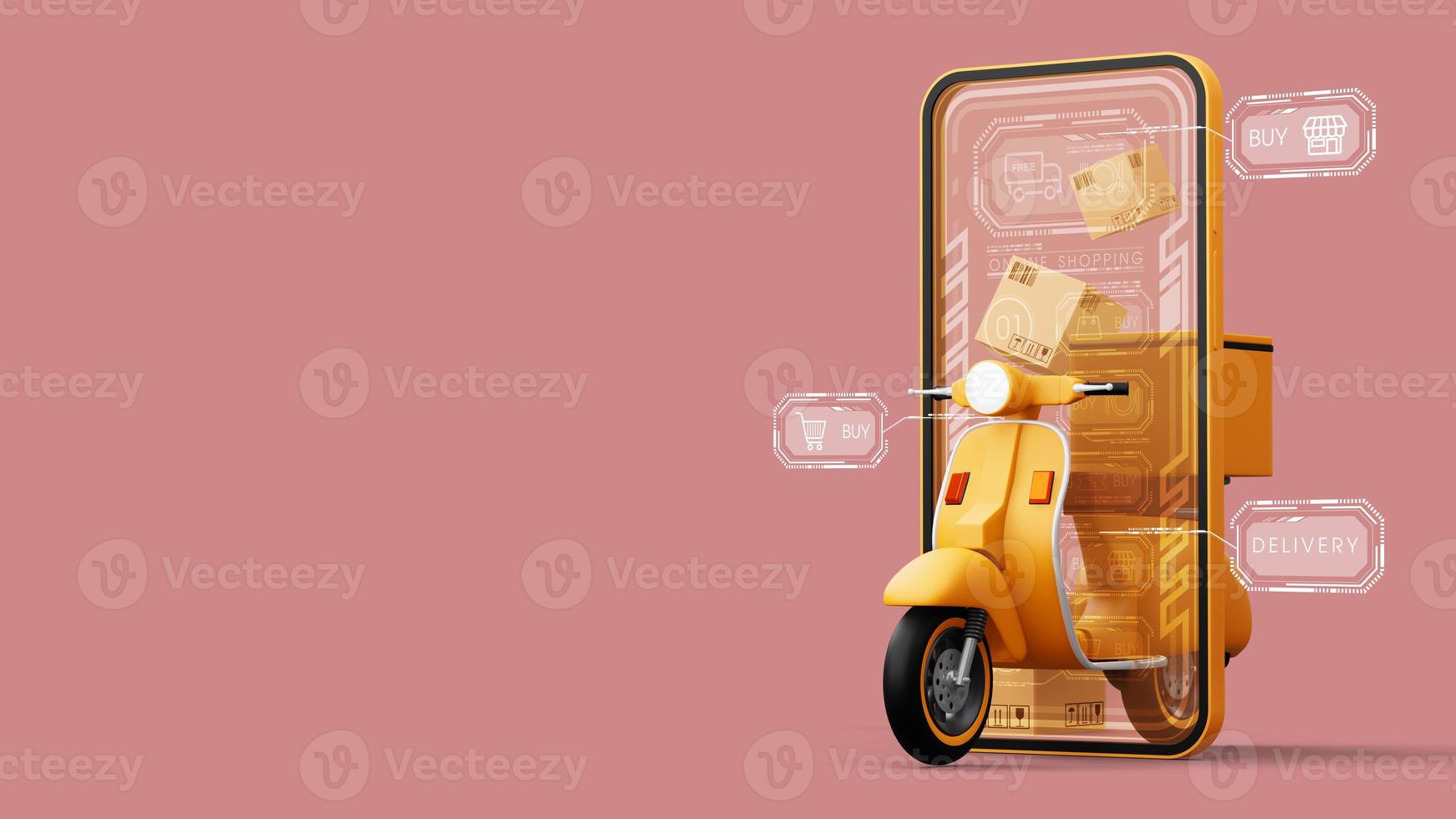 Delivery Courier service, online shopping, motorcycle with parcel box, 3d rendering photo
