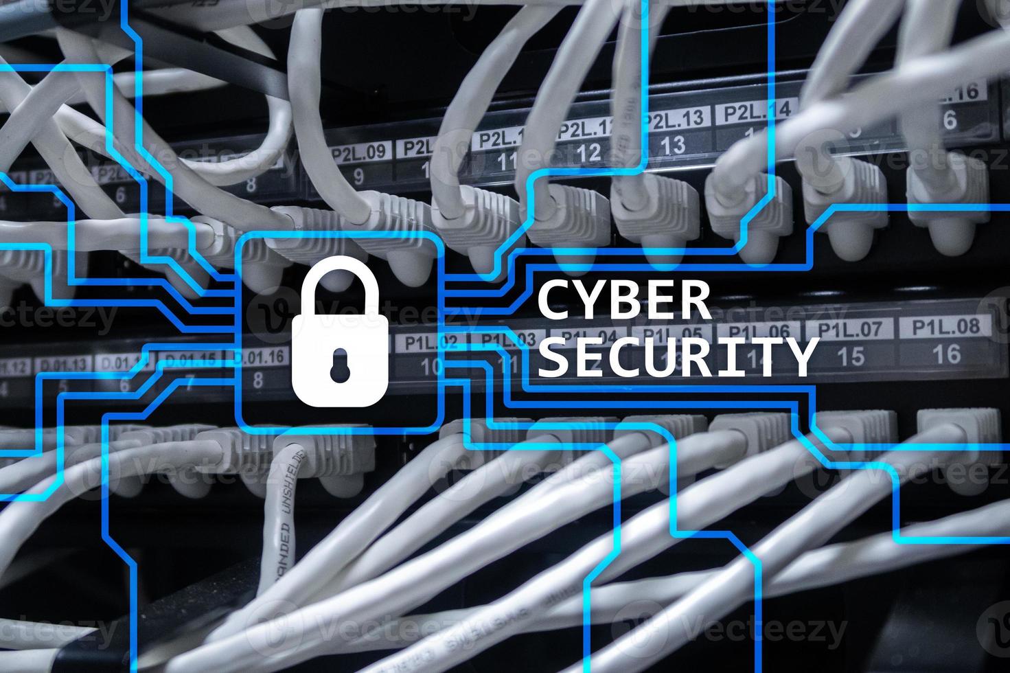 Cyber security, information privacy and data protection concept on server room background. photo