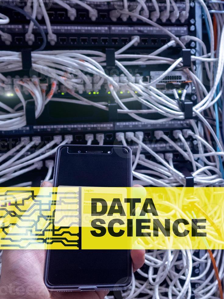 Data science, business, internet and technology concept on server room background. photo