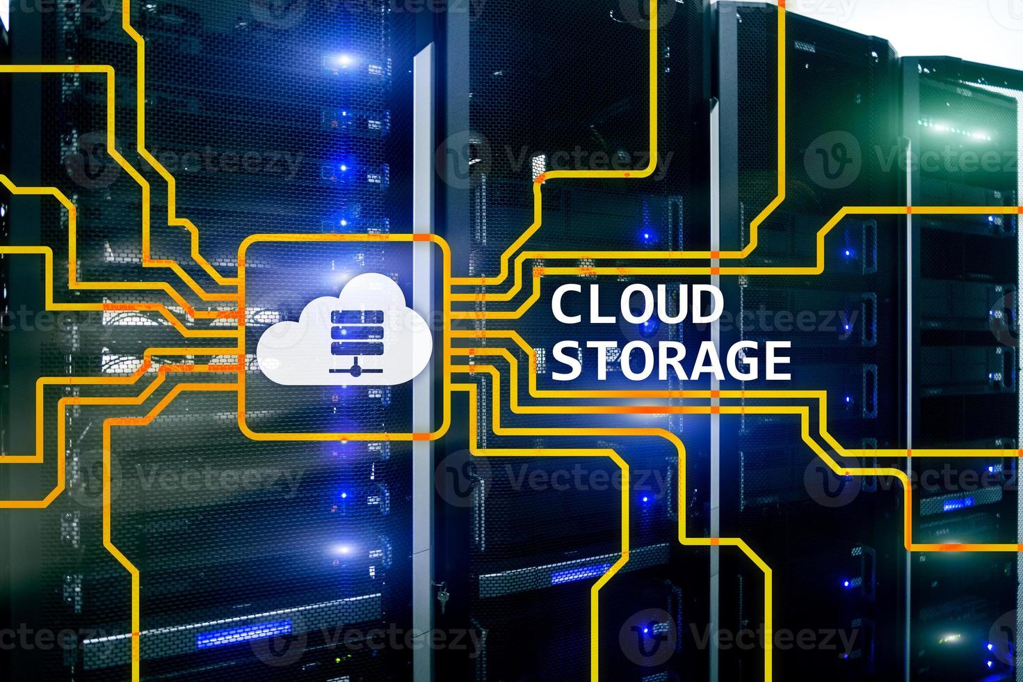 Cloud data storage concept on server room background. photo