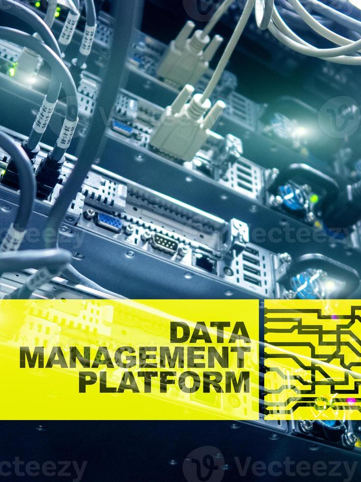 Data management and analysis platform concept on server room background. photo