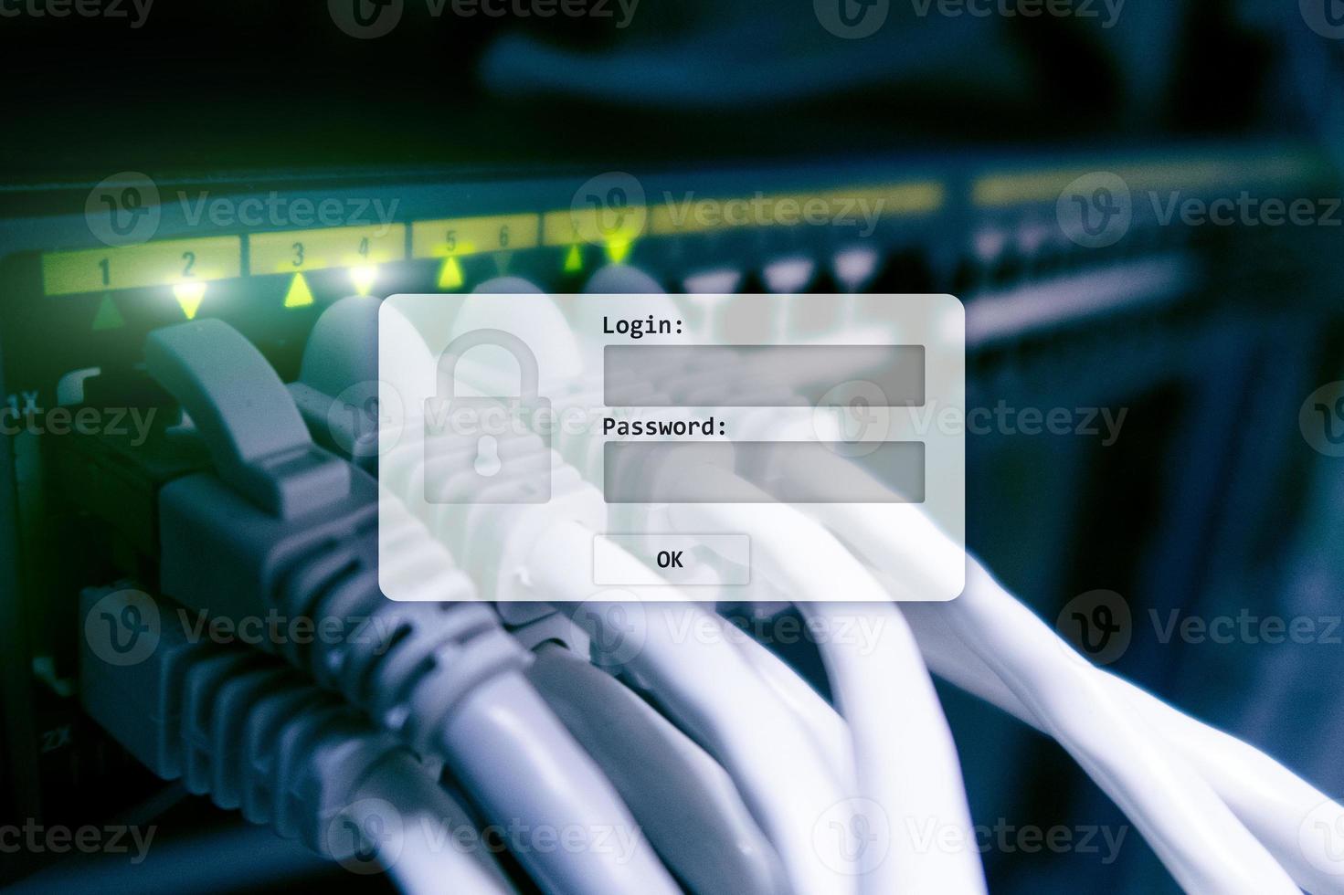 Server room, login and password request, data access and security. photo