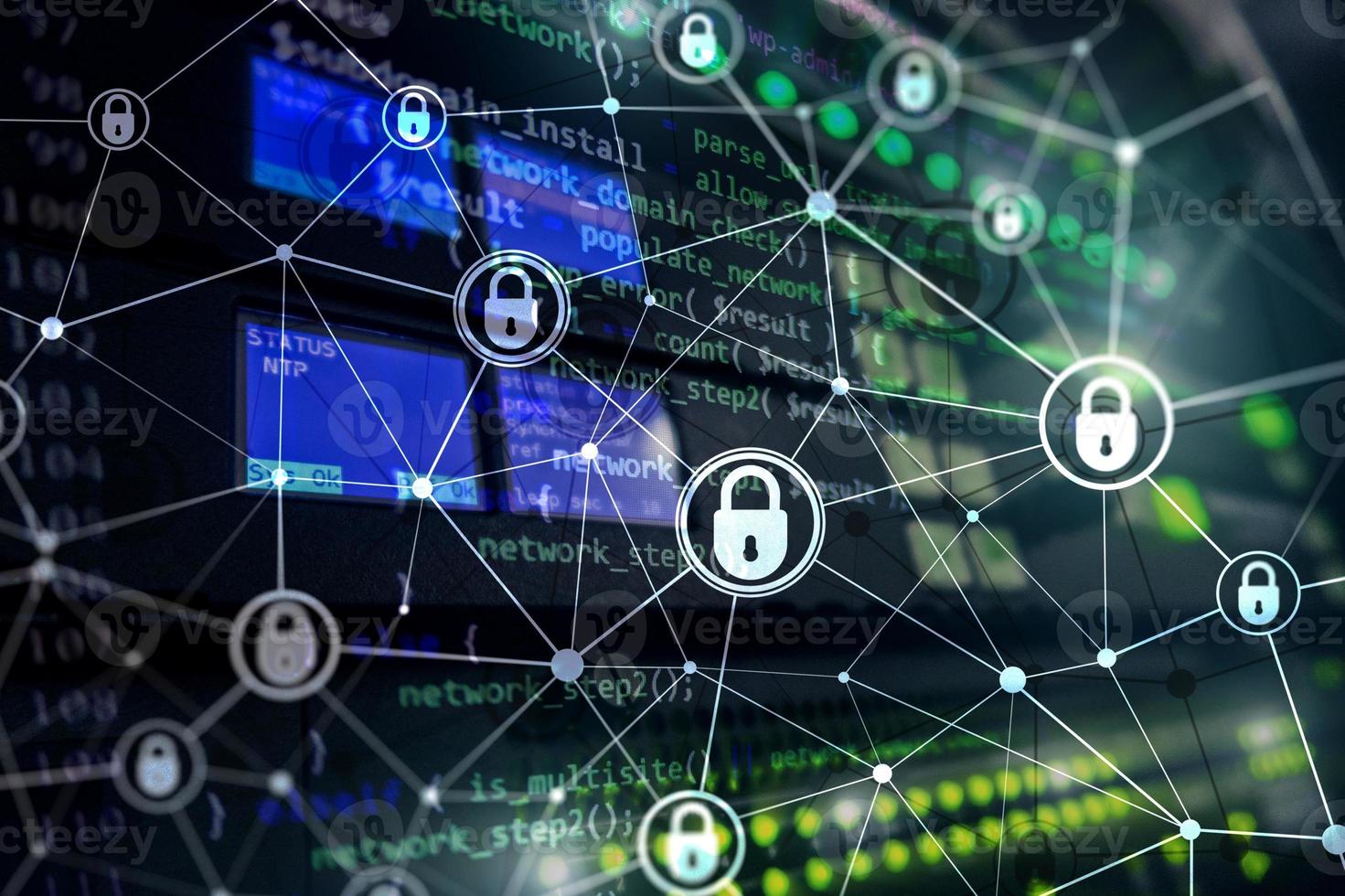 Cyber security, information privacy, data protection concept on modern server room background. Internet and digital technology concept. photo