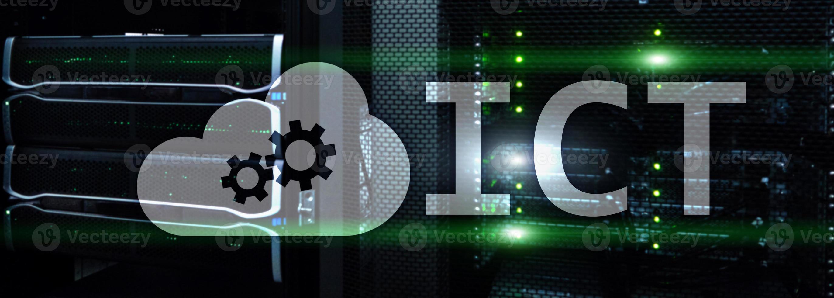 ICT - information and communications technology concept on server room background. photo