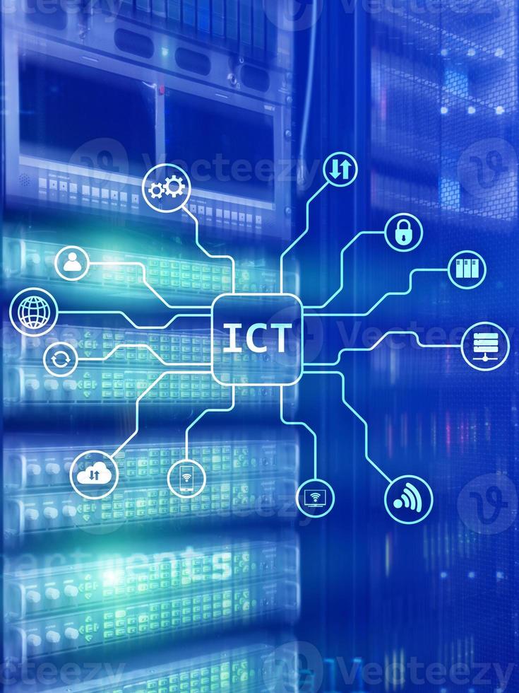 ICT - information and communications technology concept on server room background. photo