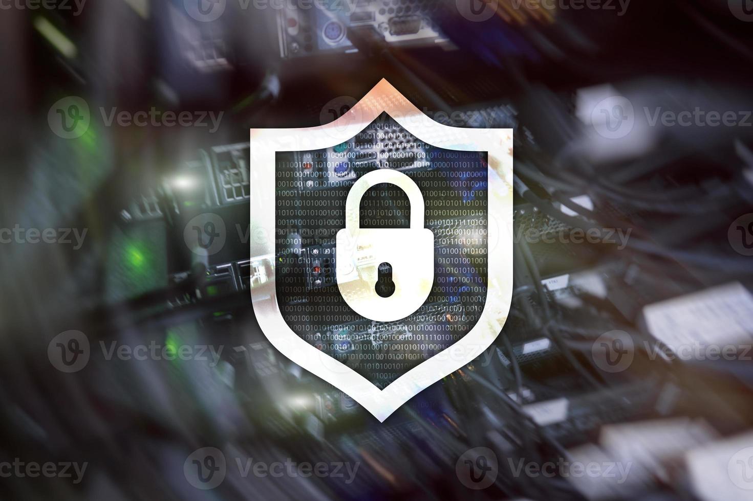 Cyber protection shield icon on server room background. Information Security and virus detection. photo