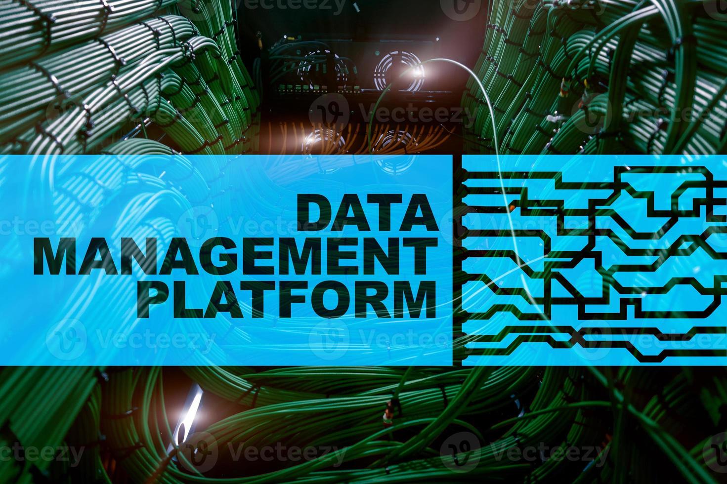 Data management and analysis platform concept on server room background. photo