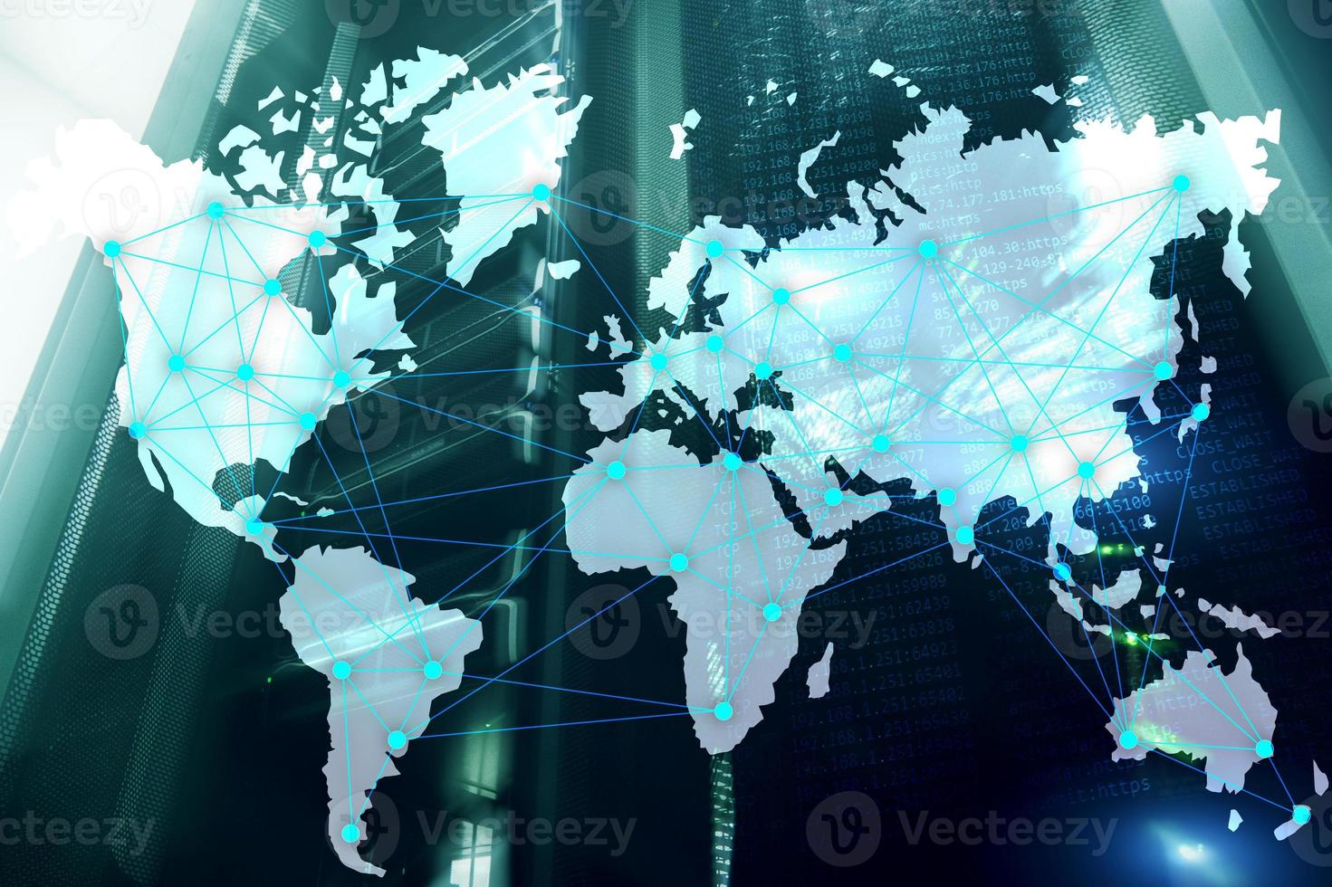 Internet and telecommunication concept with world map on server room background. photo
