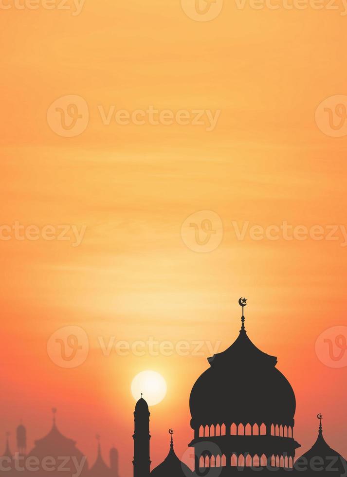 Silhouette Mosque dome with blurred beautiful Sunset Sky Background in Vertical frame, backdrop design for iftar period during Ramadan Holy month photo