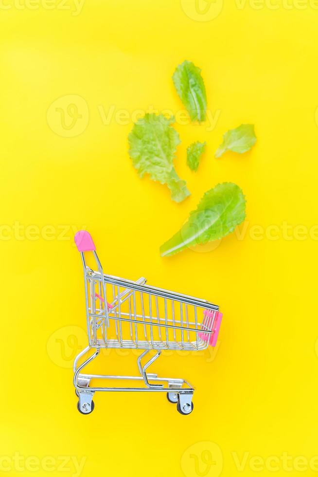 Ecology eco products health food vegan vegetarian concept . Small supermarket grocery push cart for shopping with green lettuce leaves isolated on yellow colourful trendy background. Copy space. photo