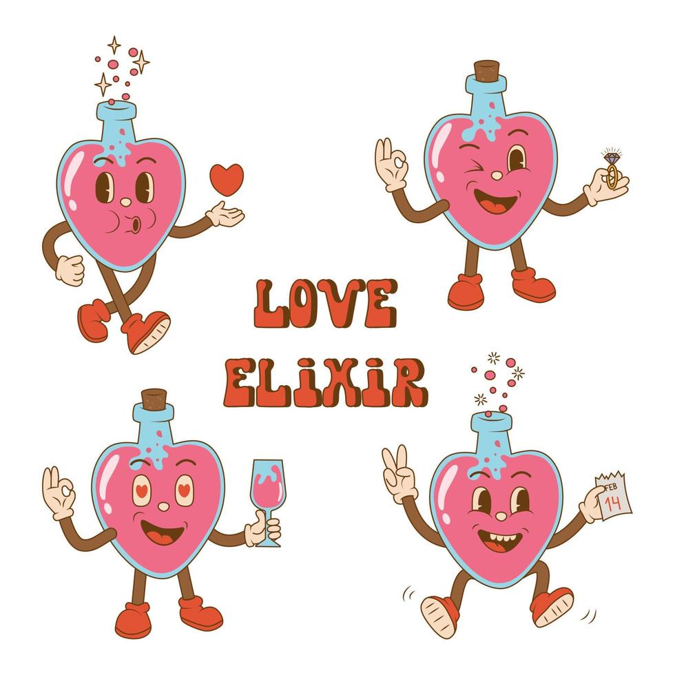 Set groovy cartoon characters of love elixir in 60s - 70s retro style. Valentines day concept. vector