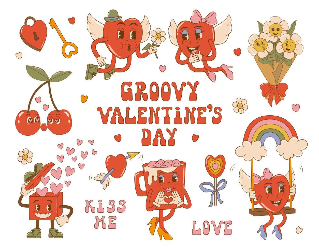 Set trendy groovy valentines day with retro cartoon characters in 60s - 70s style. vector