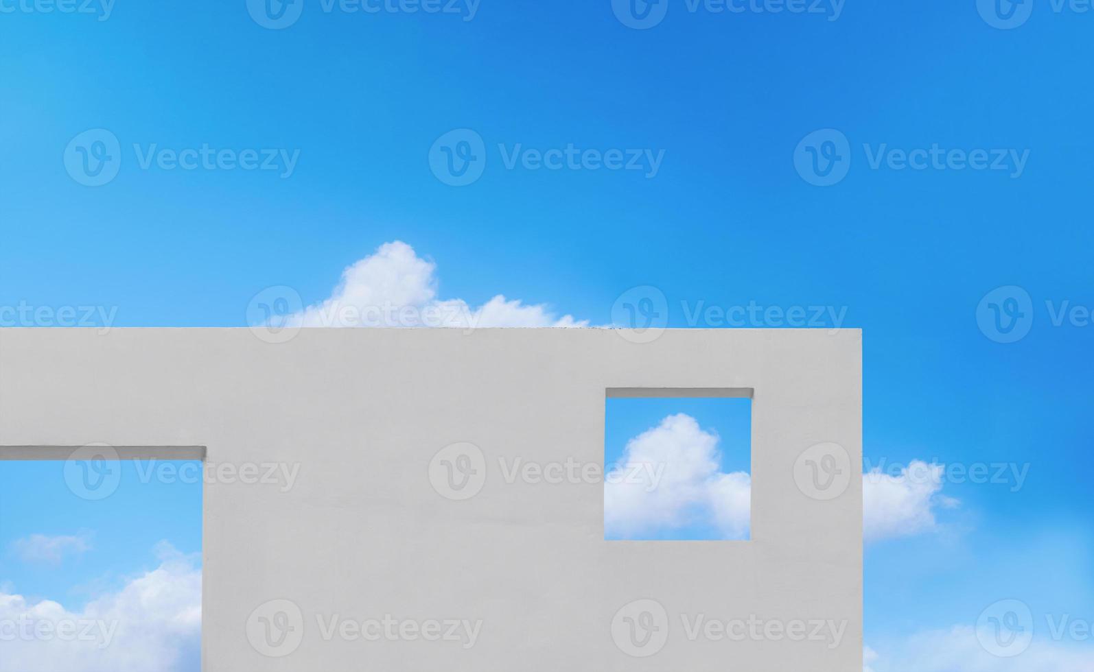 Wall Concrete Texture with open window against clouds and blue sky background, Exterior White paint Cement wall building, Minimal Modern architecture with square frame in Spring or Summer sky photo