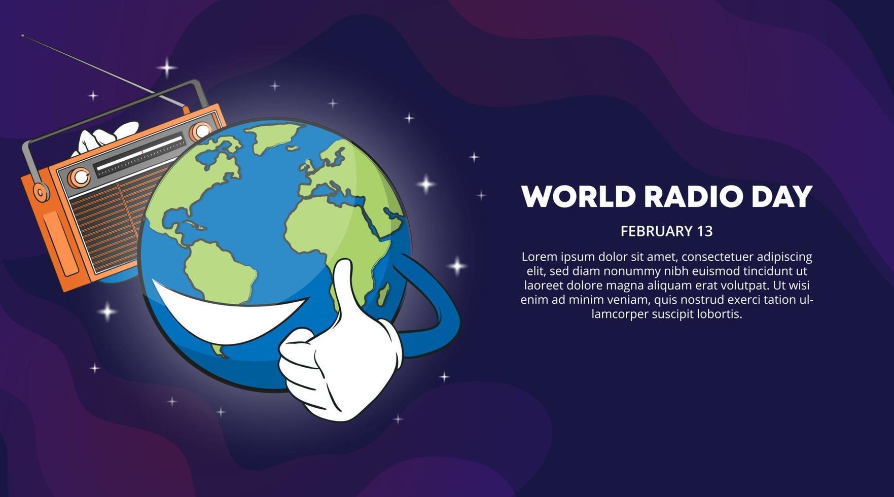 fondo del día mundial de la radio con un globo terráqueo y un receptor de radio con un cielo oscuro vector