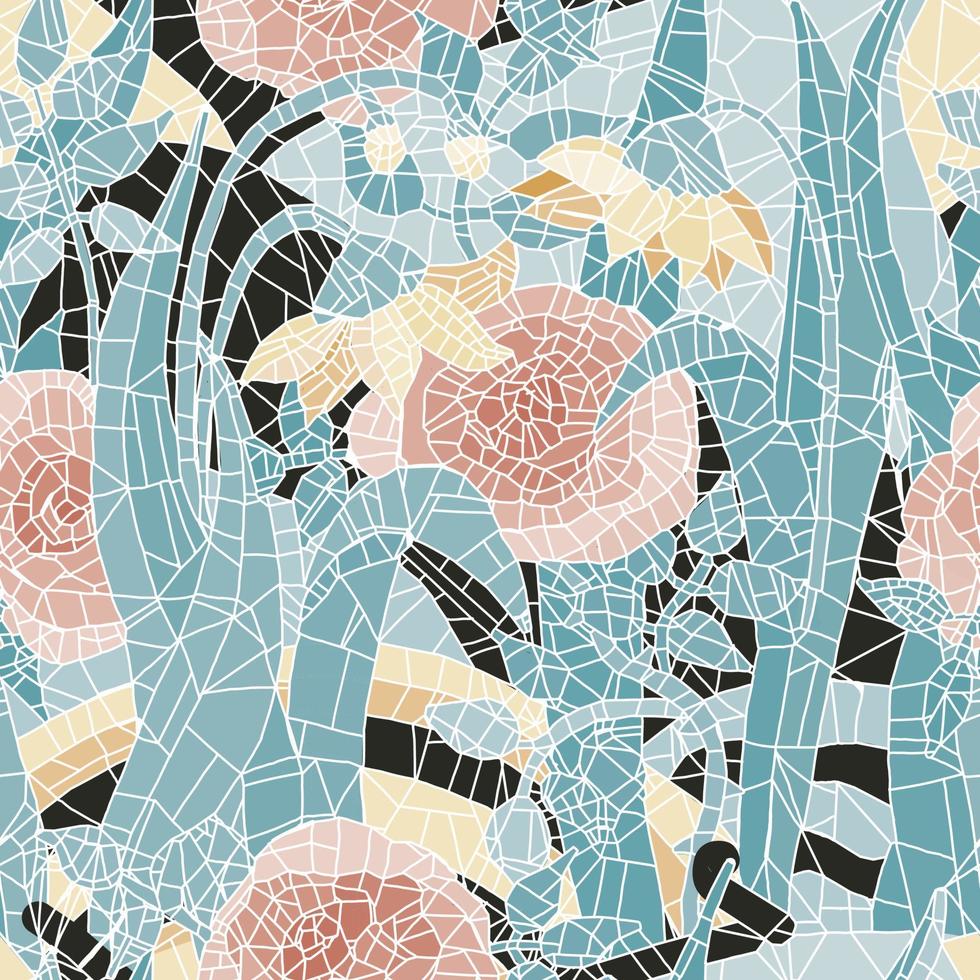 Seamless mosaic pattern.Seamless vintage pattern with an effect of attrition. Patchwork carpet. Hand drawn seamless abstract tiles. Azulejos tiles patchwork. Portuguese and Spain decor.Roses and daffo vector