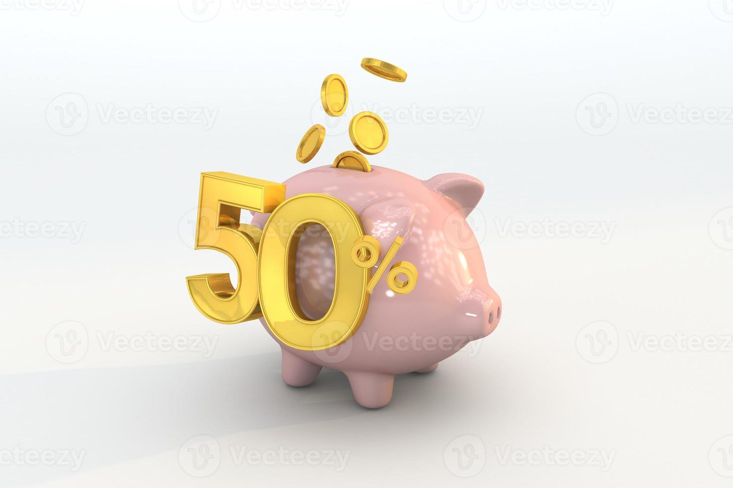 3D piggy bank with golden coin and number 50 photo