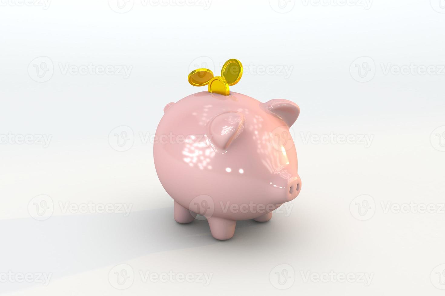 Piggy bank with floating coin. Finance saving money. 3d render photo