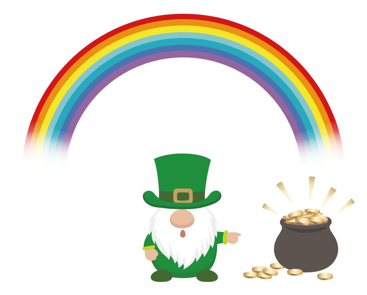 Vector St. Patricks Day Symbol Illustration With A Leprechaun, A Rainbow, And A Pot Of Gold Isolated On A White Background.