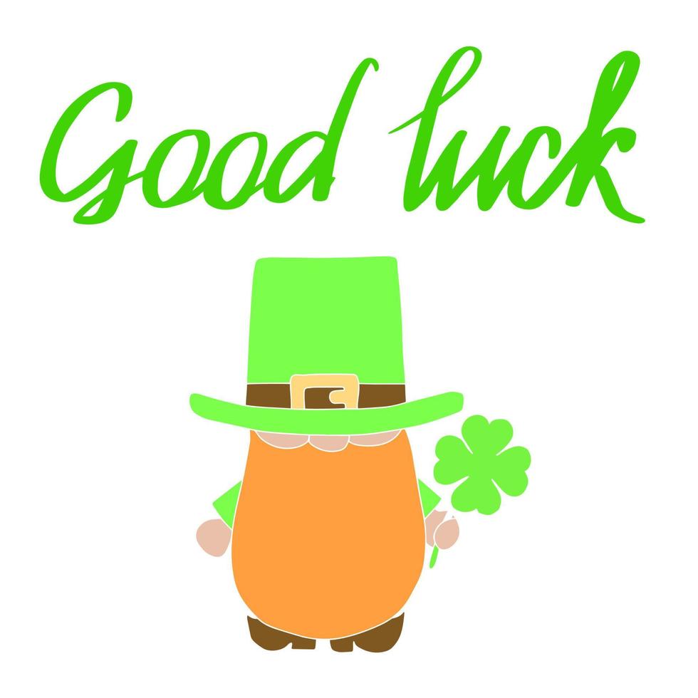 Good luck banner. Square card for Patrick Day with leprechaun and shamrock in hat. Vector illustration.