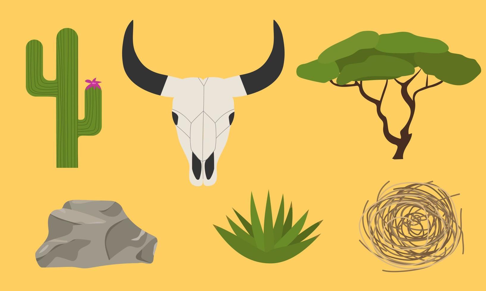 Set of elements for desert. Stone, skull bull, aloe, cactus, tree and dry Tumbleweed. Vector illustration.