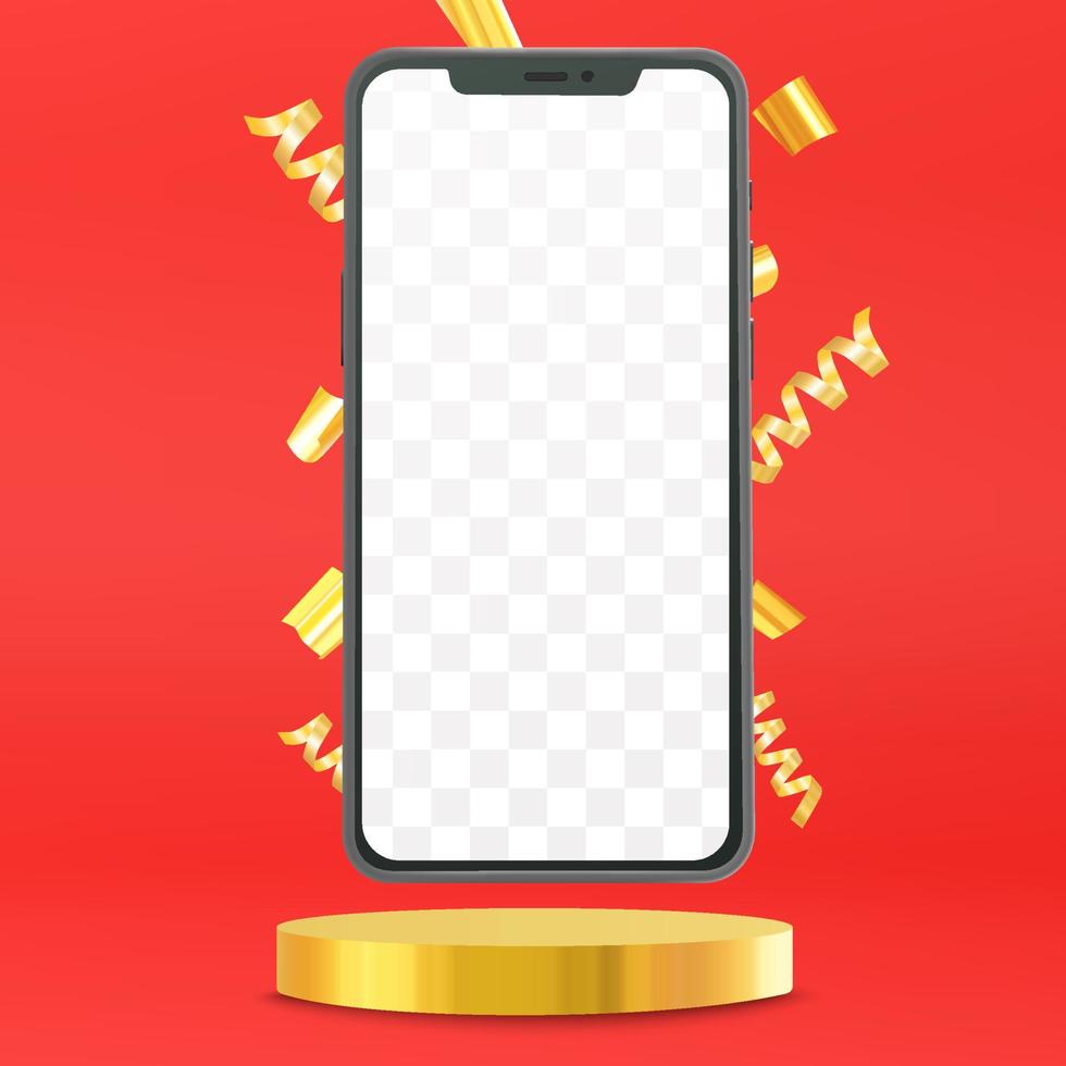 maqueta de vector de teléfono inteligente en un podio con confeti dorado