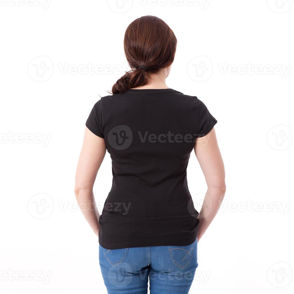 Shirt design and people concept - close up of woman in blank t-shirt rear isolated. Clean empty mock up template for design. photo