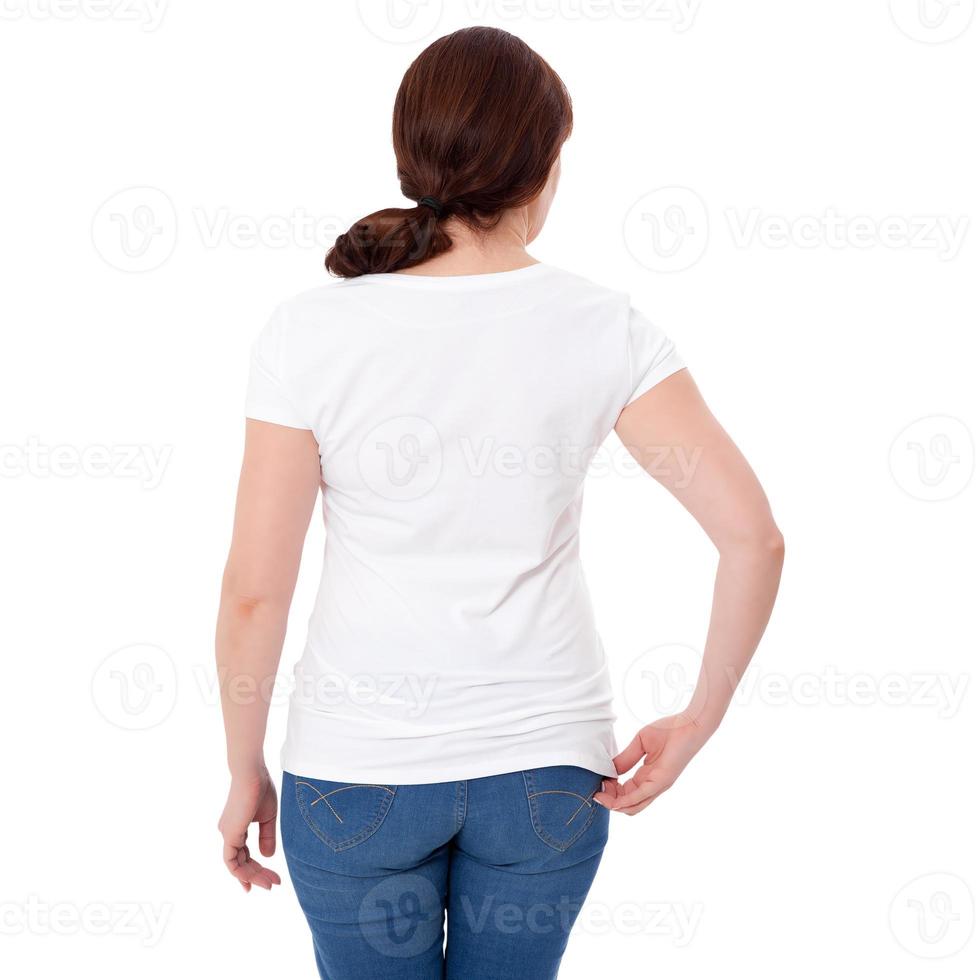 Shirt design and people concept - close up of woman in blank white t-shirt rear isolated. Clean empty mock up template for design. photo