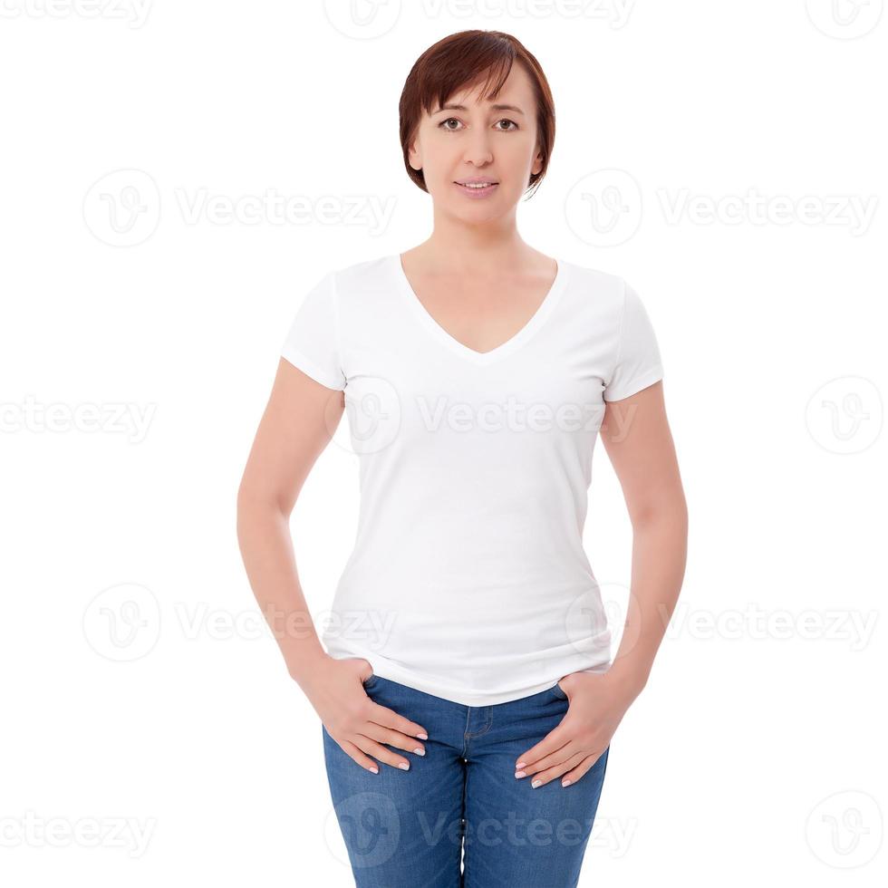 Shirt design and people concept - close up of woman in blank white t-shirt front isolated. Clean empty mock up template for design. photo