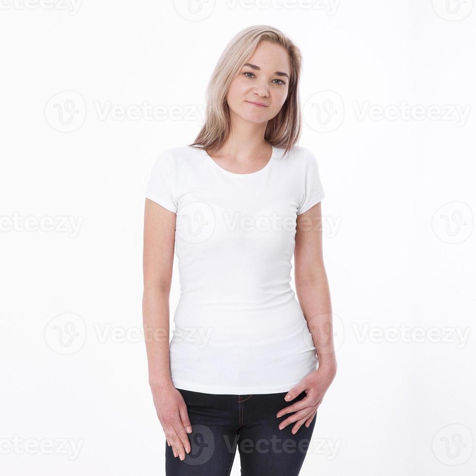 Shirt design woman in blank black t-shirt front isolated. Clean empty mock up template for design. photo