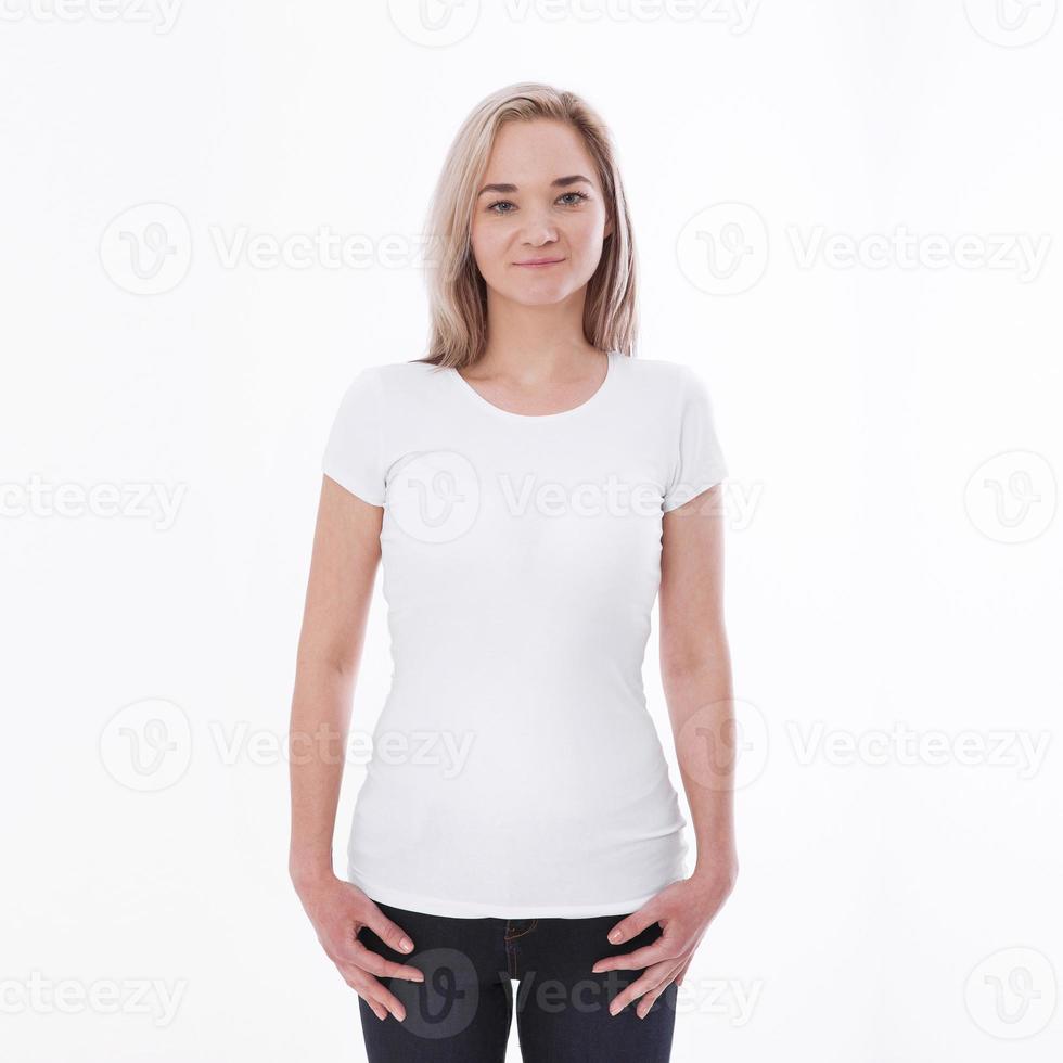 Shirt design woman in blank black t-shirt front isolated. Clean empty mock up template for design. photo