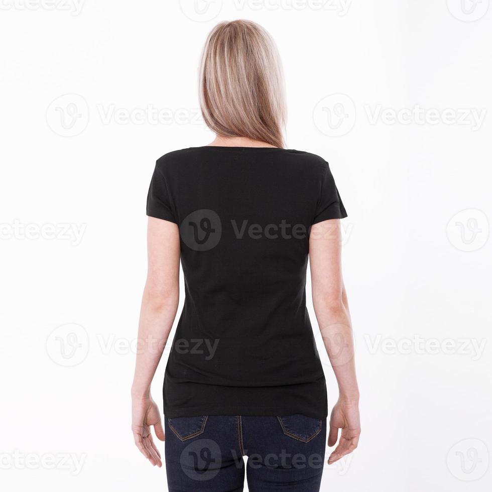 Shirt design woman in blank black t-shirt front isolated. Clean empty mock up template for design. photo