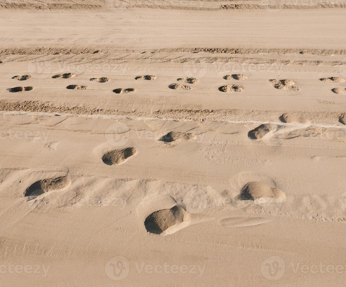 Traces of people in the sand of a beach. Pure sand on the beach as a background, texture. Selective focus. photo