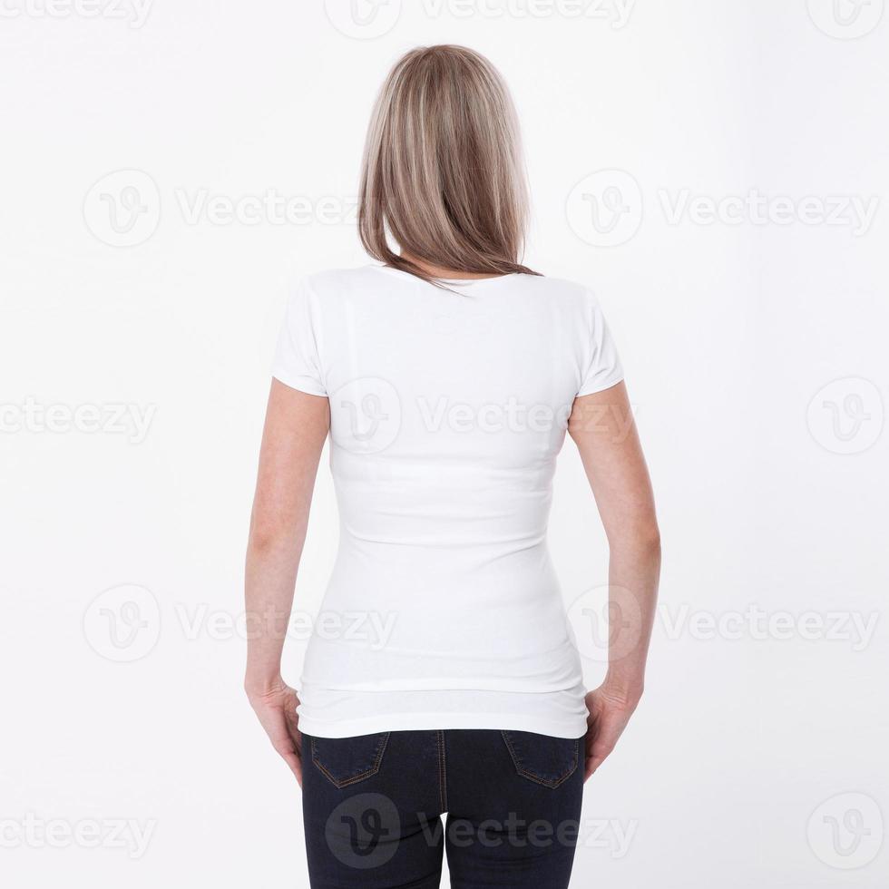 Shirt design woman in blank black t-shirt front isolated. Clean empty mock up template for design. photo