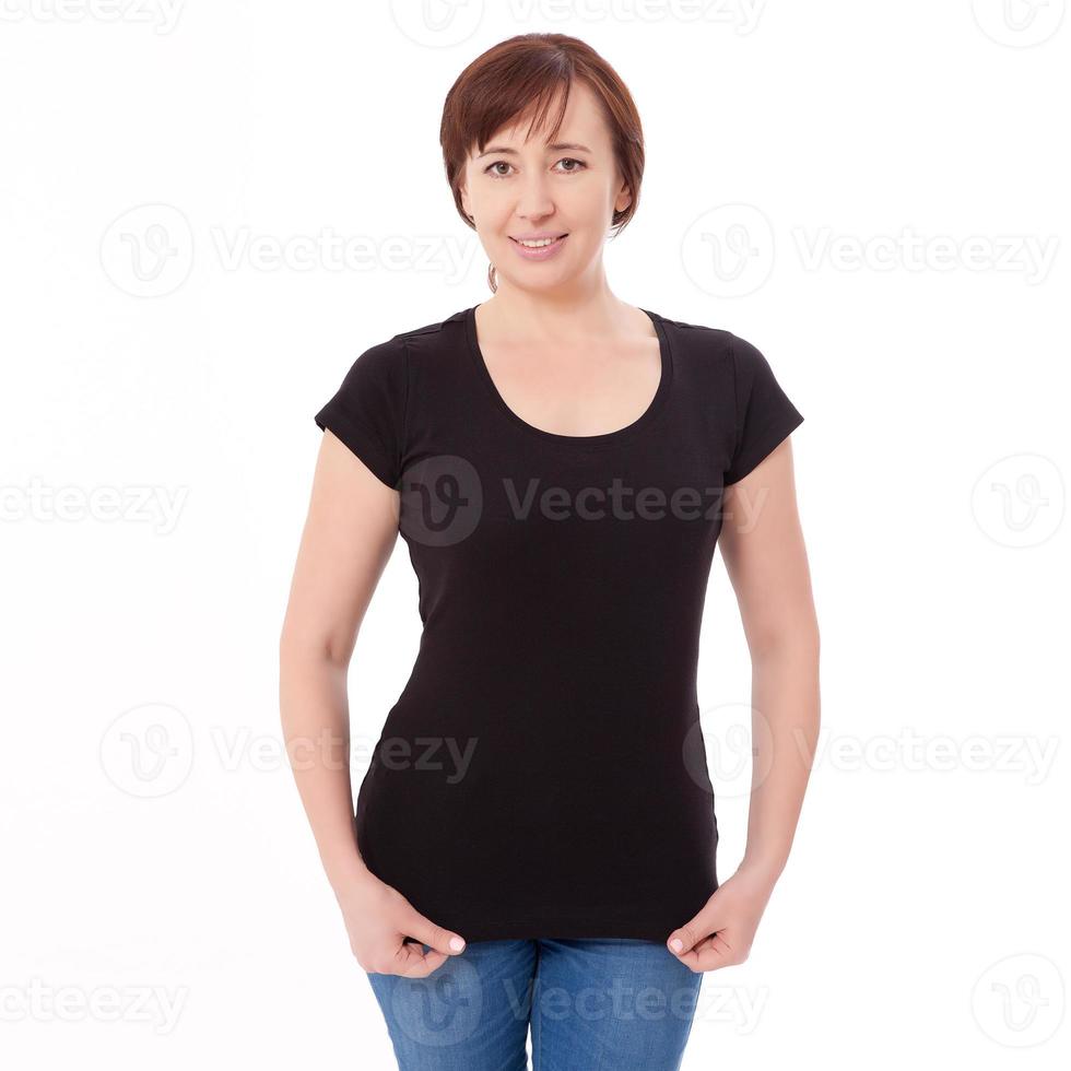 Shirt design and people concept - close up of woman in blank black t-shirt front isolated. Clean empty mock up template for design. photo