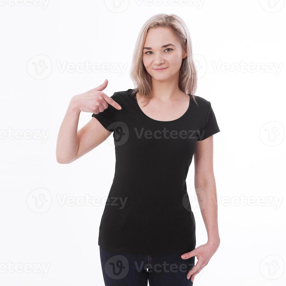 Shirt design woman in blank black t-shirt front isolated. Clean empty mock up template for design. photo
