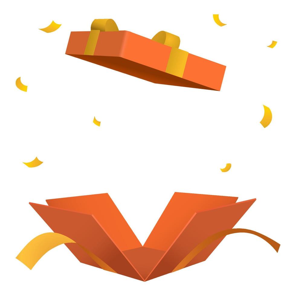 Surprise open orange gift box isolated with gold ribbon 3d style vector